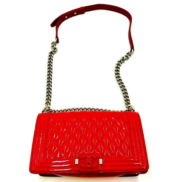 Chanel Boy Red Plexiglass Quilted Matelasse Patent Leather Med Shoulder Bag Ex++ - Picture 11 of 16